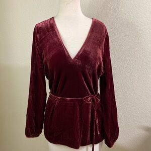 NWT J Crew velvet burgundy deep v neck wrap peplum shirt Size Medium